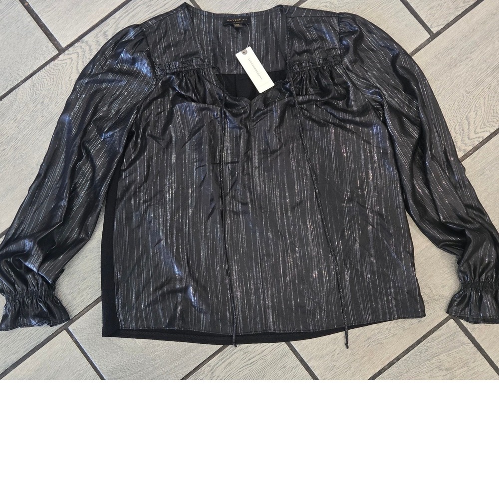 Current Air Anthropologie Black Silver Metallic Pinstripe Tie Neck Blouse XS New